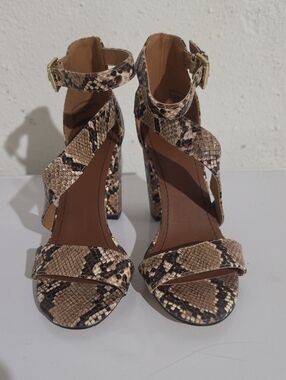 Madden Girl Snake-Print Ankle Strap Block Heel Sandals in Brown Sz. 6